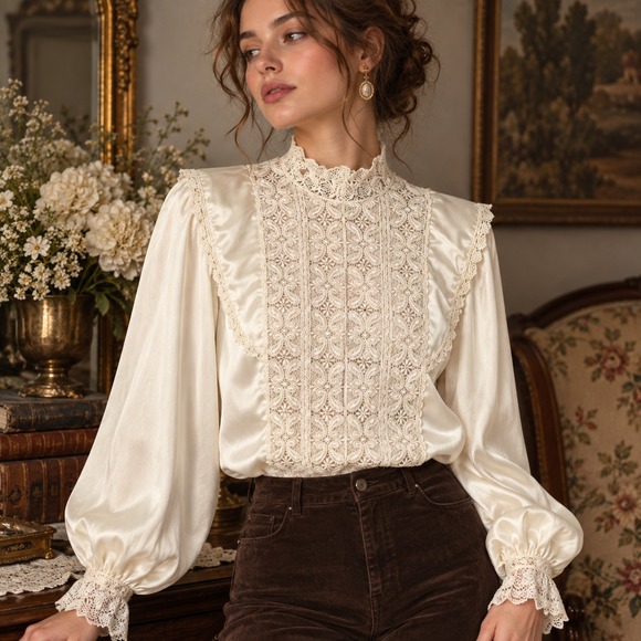 Illustrations Tops - Vintage Satin Sheer Lace Victorian Top M Ivory Lace Mock Neck Prairie Romantic
